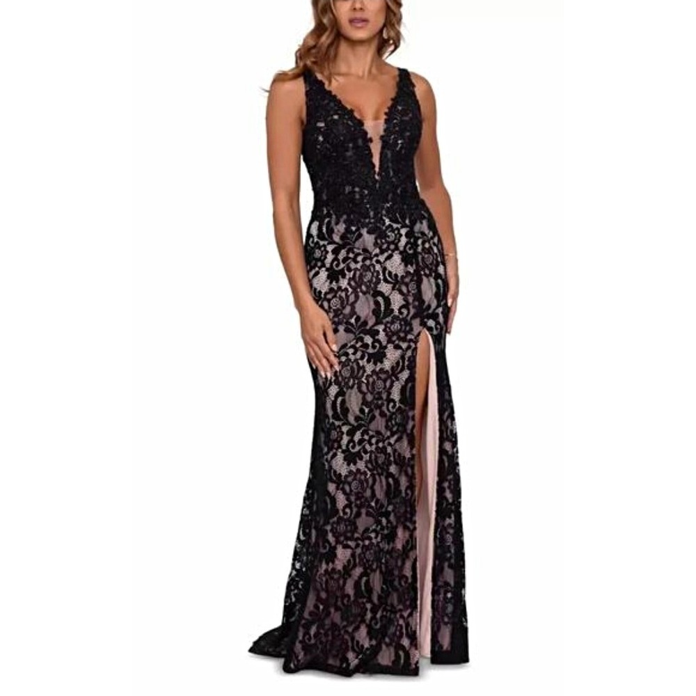 Betsy & Adam Black Lace Beaded Floral V-Neck Sleeveless Gown Slit Mob Size 4